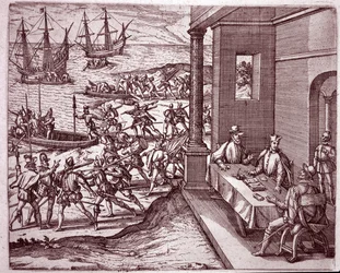 A spanyol konkvisztádorok, Francisco Pizarro, Diego de Almagro és Hernando de Luque összefogtak Peru meghódítására (metszet)