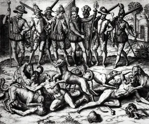 Vasco Núñez de Balboa (1475-1571) kutyái indiánokra támadnak