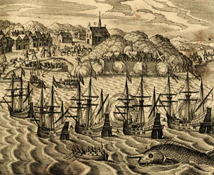 A mexikói Acapulco kikötő képe, metszet a Historia Americae-ból, Theodor de Bry (1528-1598), Frankfurt