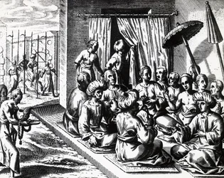 Esküvői szertartás Bantamban, Jáva szigetén, Theodor de Bry (1528-1598) metszete. metszet