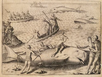 Bálnavadászat a Spitzbergák közelében, Theodor de Bry (1528-1598) metszete, India Orientalis (Kelet-India)