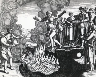 Férje máglyájára vetett nő, Theodor de Bry (1528-1598), metszet