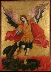 Mihály arkangyal ikonja (tojás tempera a panelen)