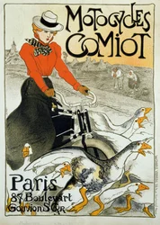 Comiot motorkerékpárok reklámplakátja. Egy fiatal nő mopeden gurul egy csapat liba között. Theophile Alexandre Steinlen (1859-1923) plakátja. 1899. Párizs, díszítőművészet.