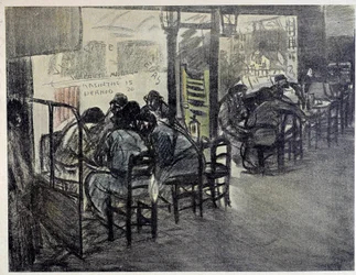 A kávézó teraszán (A vitrinen „” Abszint 15”, „” Pernod 20” van írva) Theophile Alexandre Steinlen (1859-1923) rajza XX. századi Párizs, Musee Carnavalet