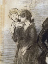A midinettes kijárata (részlet) (1907 előtt). Theophile Alexandre Steinlen (1859-1923). Faszén és pasztell papíron. Musee des Beaux-Arts de la Ville de Paris, PeuPalais.