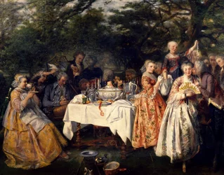 Piknik vidéken, egy fogadó kertjében Strasbourg külvárosában, Theophile Schuler (1821-1878), 1750 körül