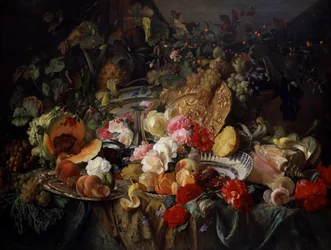 Rózsák és gyümölcsök csendélete. Theude Gronland (1817-1876) festménye.