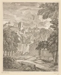Árkádiai táj egy vízeséssel és egy nővel egy fa alatt Suite de paysages (sorozat címe)