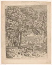 Árkádiai táj két férfival és egy kosarat hordozó nővel Suite de paysages (sorozat címe)