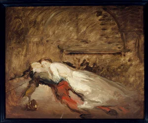 Les lovers Romeo et Juliet Illusztráció William Shakespeare (1564-1616) azonos című darabjáról, amely a szerelmesek halálát ábrázolja az V. felvonás 3. jelenetében. Esquisse de Theodore Chasseriau (1819-1856) Sun. 0,50 x 0,61 m Párizs. Louvre múzeum