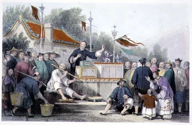Ritka show Lin-Sin-Choo-ban, George Newenham Wright (kb. 1790-1877) „China in a Series of Views” című filmből, 1843 (színes metszet)