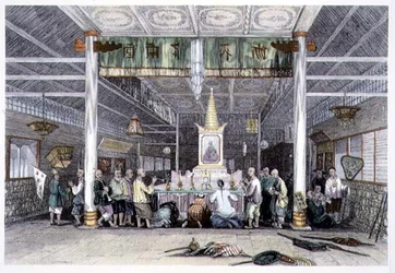 Buddha temploma, Kanton, George Newenham Wright (kb. 1790-1877) „Kína a nézetek sorozatában” című filmből, 1843 (színes metszet)