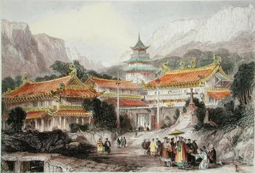 The Great Temple at Poo-Too, Chusan-szigetek, 1850 körül (színes litho)