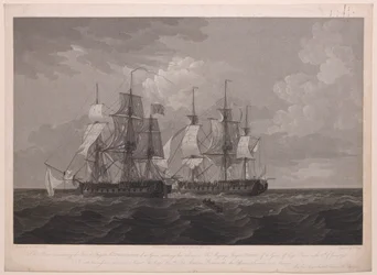 A 40 ágyús La Proserpine francia fregattot ábrázoló lemez, amely 1796. június 13-án, a Clear-foknál, Őfelsége 36 ágyús Dryad fregattjának ütötte fel a zászlóját.... Lord Amelius Beauclerk...