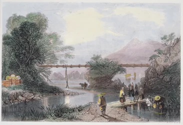 Bambusz vízvezeték Hongkongban, Henry Adlard metszete, George Newenham Wright (kb. 1790-1877) „China in a Series of Views” című művéből, 1843