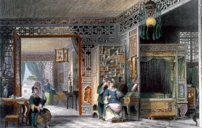 Egy előkelő hölgy budoárja és hálószobája, Kína, 1843