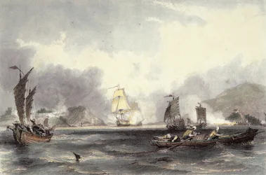 A HM Imogene és Andromache hajói elhaladnak a Bocca-Tigris akkumulátorai mellett, 1850 körül