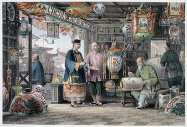„Egy lámpáskereskedő bemutatóterme Pekingben”, Kína, 1843