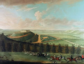 Belvoir kastélya délnyugat felől, a Belvoir-vadászattal teljes hajszában, 1730