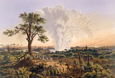 The Falls by Sunrise a 1200 láb magasra emelkedő permetfelhővel, kocsma. 1865.