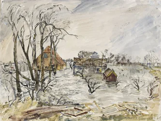 Walcheren-sziget (Hollandia) elárasztva. Thomas Hennel (1903-1945) festménye, akvarell, 1944.