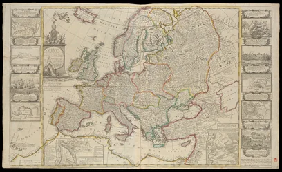 Európa új térképe Készült a londoni és párizsi Királyi Társasággal közölt legpontosabb megfigyelések alapján, 1720 körül (műszaki rajz)