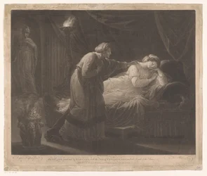 Penelope wordt gewekt ajtó Euryclea Penelopét Euriklea felébresztette, Ulysses visszatérésének hírével és az udvarlók halálával (cím a tárgyon)