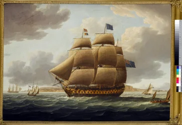 A "Ville de Paris", teljes vitorlázatban, a brit haditengerészet első osztályú 110 ágyús hajója, amelyet 1795-ben építettek a chathami hajógyárban (Anglia).
