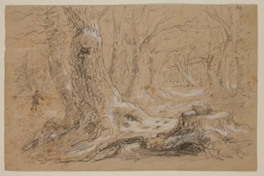 Fák télen emberrel a Frozen Creeken (ceruza és gouache papíron)