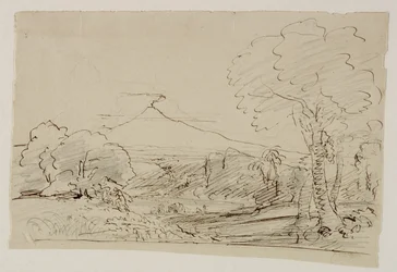 Vulkán, tó, vadászó alak, 1846-47 (toll és tus ceruzával, papír)