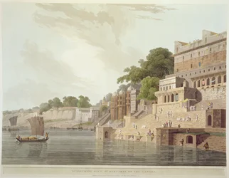 Dusasumade Gaut Benaresben, a Gangesz folyónál, az Oriental Scenery: Twenty Four Views in Hindoostan című műből, 1796