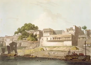 Patna városának egy része a Gangesz folyónál, az „Oriental Scenery: Twenty Four Views in Hindoostan” című műből, 1795