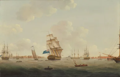Portsmouth kikötőjének panorámaképe a hadihajókkal és más hajókkal