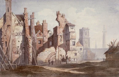 Régi házak lebontása Walbrook közelében, hogy helyet adjon a King William Streetnek, London City, 1834.