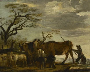 Egy paraszthajtású szarvasmarha, juh és kecske egy tájban, C.1785