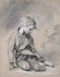 Koldusfiú, 1780 körül (fekete kréta és csonk, fehér színnel kiemelve, halvány szőtt papíron)