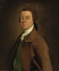 Sir Francis Skipwith portréja, félalakos, barna kabátban, zöld mellényben, kalappal a bal hóna alatt