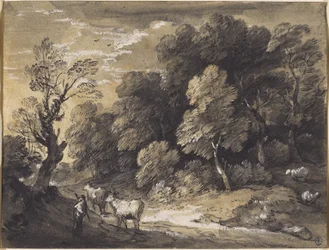 Erdős táj pásztorral és szarvasmarhával, 1775-80 körül (fekete kréta és szürkés-fekete mosdók, fehér gouache-szal kirakott papíron)