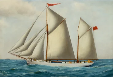 The Fore and Aft Schooner Grovehill teljes vitorlában (olaj, vászon)
