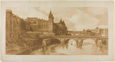 A Pont au Change, a Városi Színház, a Pont Neuf, a Conciergerie börtön stb. képe a Pont Notre Dame-ból, Párizs legfestőibb kilátásainak húsz válogatásából