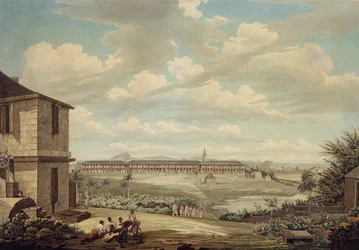 Kilátás Antigua szigetére: az angol laktanya és a Szent János-templom a kórház felől nézve, 1775-1776 körül (wc tollal és tintával, grafittal, papíron)