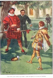 "Tegyétek le a fegyvert, uraim!" - kiáltotta az óriás mennydörgő hangon (színes litográfia).