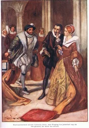 Northumberland feléjük lépett, és ékkövekkel díszített sapkáját a földre dobva kardot rántott (színes litográfia).