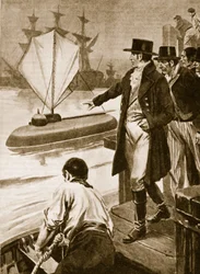Robert Fulton Franciaországban a Nautilus nevű tengeralattjáróját mutatja be működés közben (litográfia)