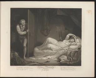 Kicsapongó szobalány alszik, miközben egy férfi besurran 3. tábla: The Wanton in the Bed Chamber (cím a tárgyon) Erény és kicsapongás (sorozat címe) Diligence & Dissipation (sorozat címe a tárgyon)