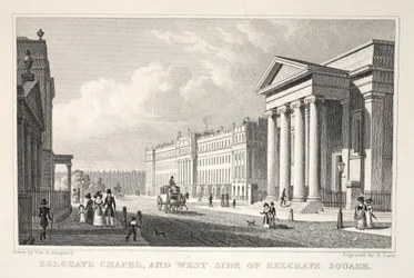 A Belgrave-kápolna és a Belgrave Square nyugati oldala, a „London és környéke a tizenkilencedik században” pubból. Jones und Co., 1827-1829