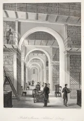 British Museum, a Kiegészítő Könyvtár, a „London Interiors with their Costumes and Ceremonies” pubból. Joseph Mead, London, 1843 körül (acélmetszet)