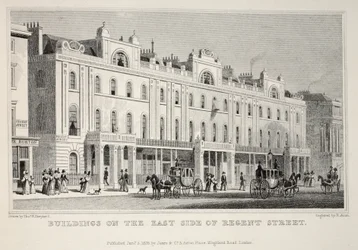 Épületek a Regent Street keleti oldalán, a „London és környéke a tizenkilencedik században” kocsmából. Jones und Co., 1827-1829