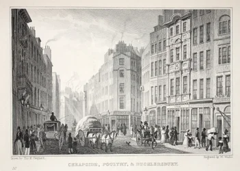 Cheapside, Poultry és Bucklersbury, a „London és környéke a tizenkilencedik században” pubból. Jones und Co., 1827-1829